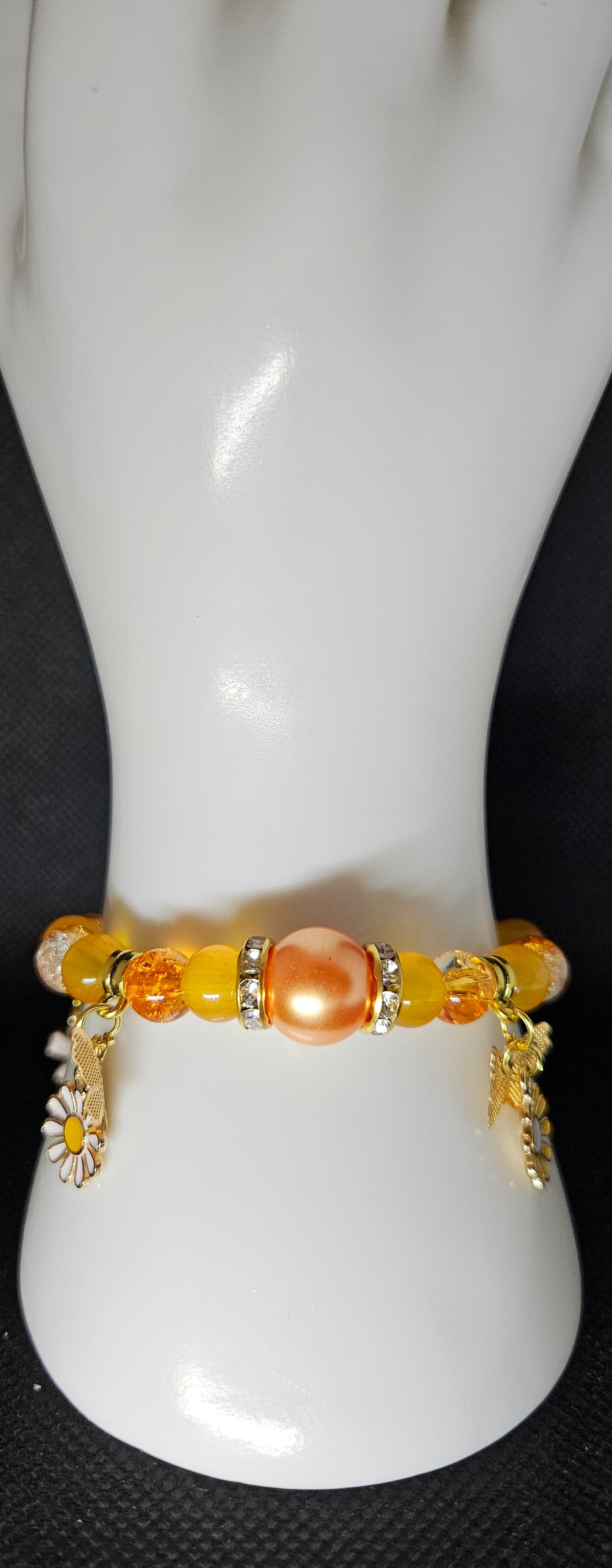 Orange and Yellow Beaded Charm Bracelet – Sunflower Gold Accents, Handmade Boho Jewelry, Positive Energy Gift for Women, Summer Fashion
