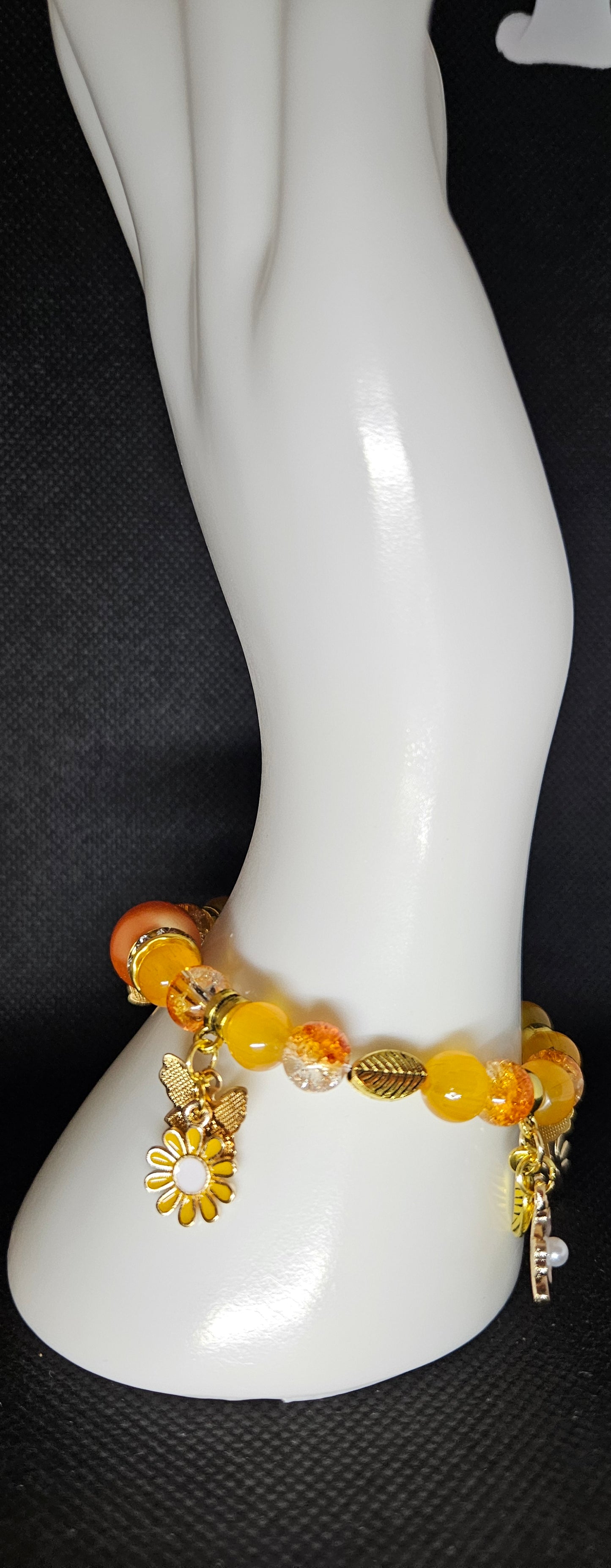 Orange and Yellow Beaded Charm Bracelet – Sunflower Gold Accents, Handmade Boho Jewelry, Positive Energy Gift for Women, Summer Fashion
