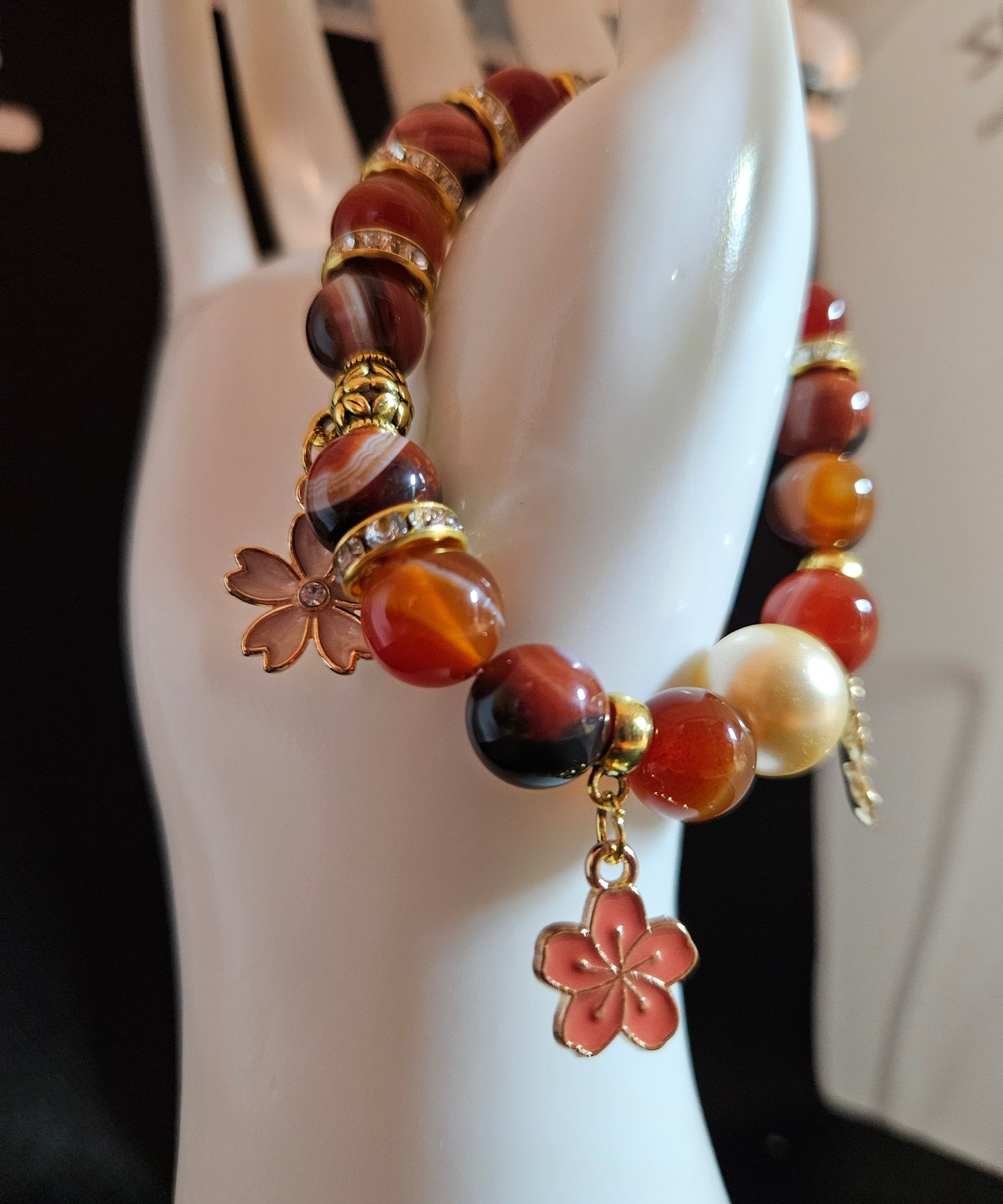 Handmade Agate Beaded Bracelet with Floral Charms
