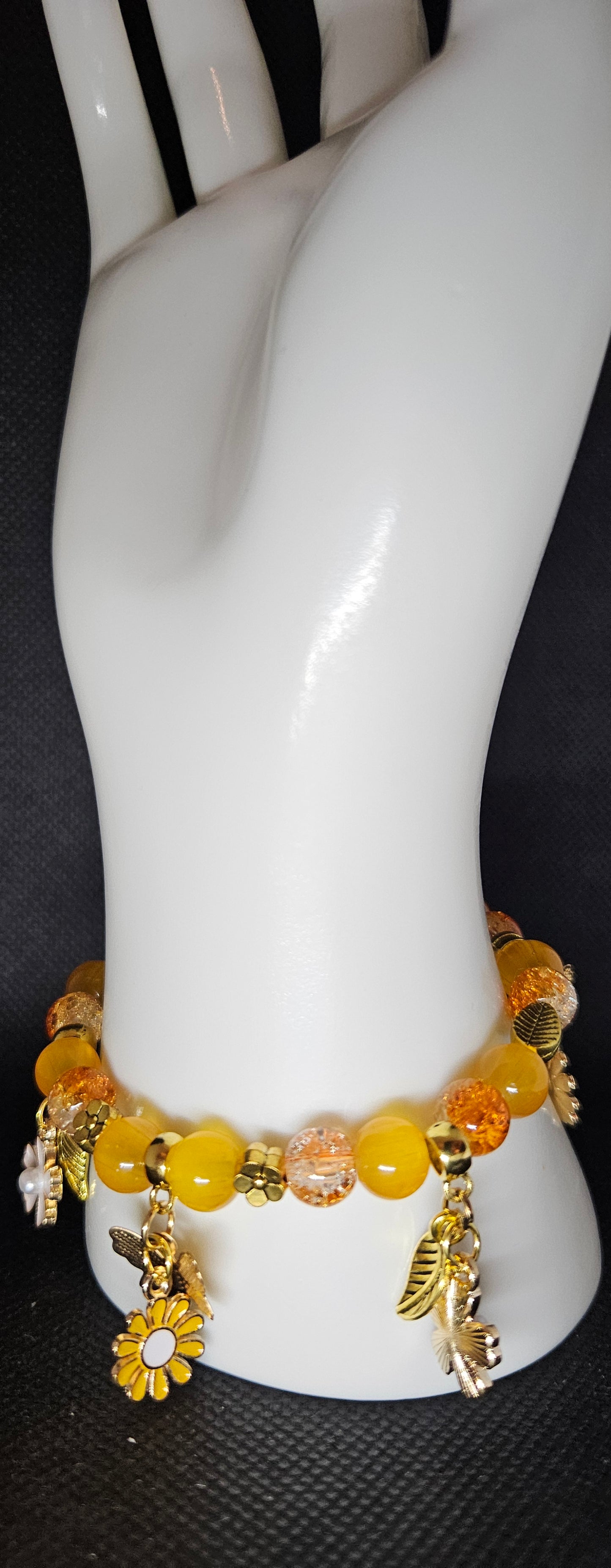 Orange and Yellow Beaded Charm Bracelet – Sunflower Gold Accents, Handmade Boho Jewelry, Positive Energy Gift for Women, Summer Fashion