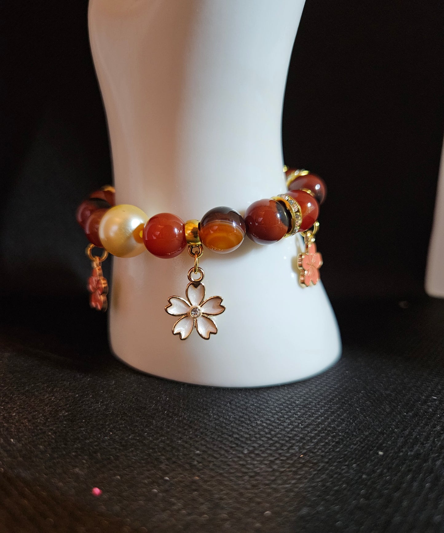 Handmade Agate Beaded Bracelet with Floral Charms