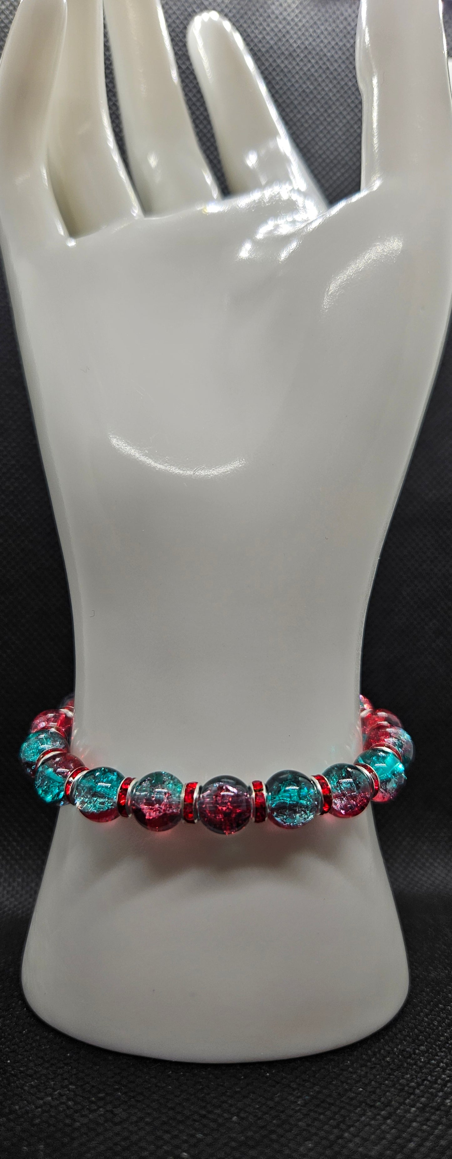 Handmade Red & Blue Glass Bead Bracelet – Unique Crackle Beads, Vibrant Statement Jewelry, Gift for Her