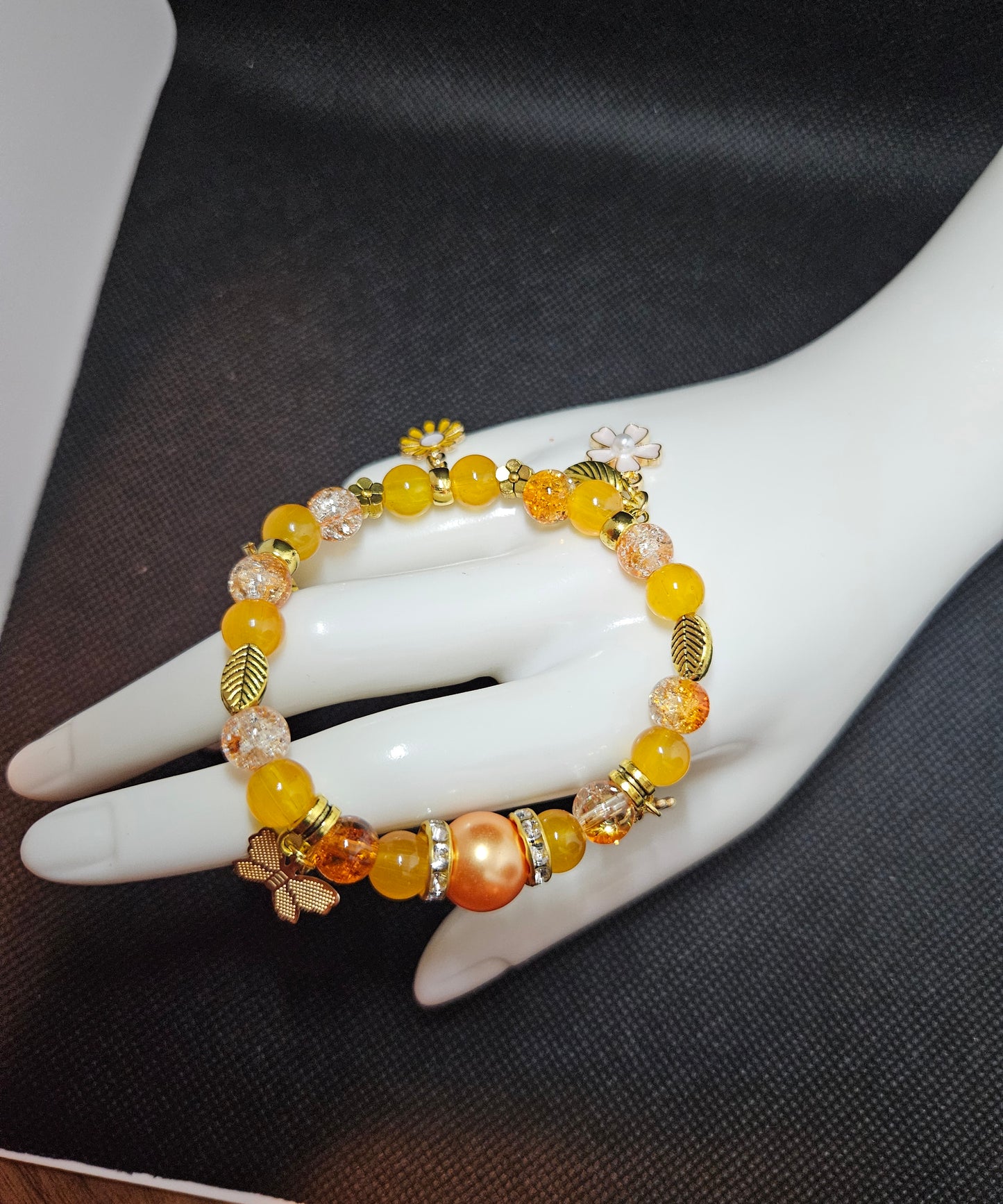 Orange and Yellow Beaded Charm Bracelet – Sunflower Gold Accents, Handmade Boho Jewelry, Positive Energy Gift for Women, Summer Fashion