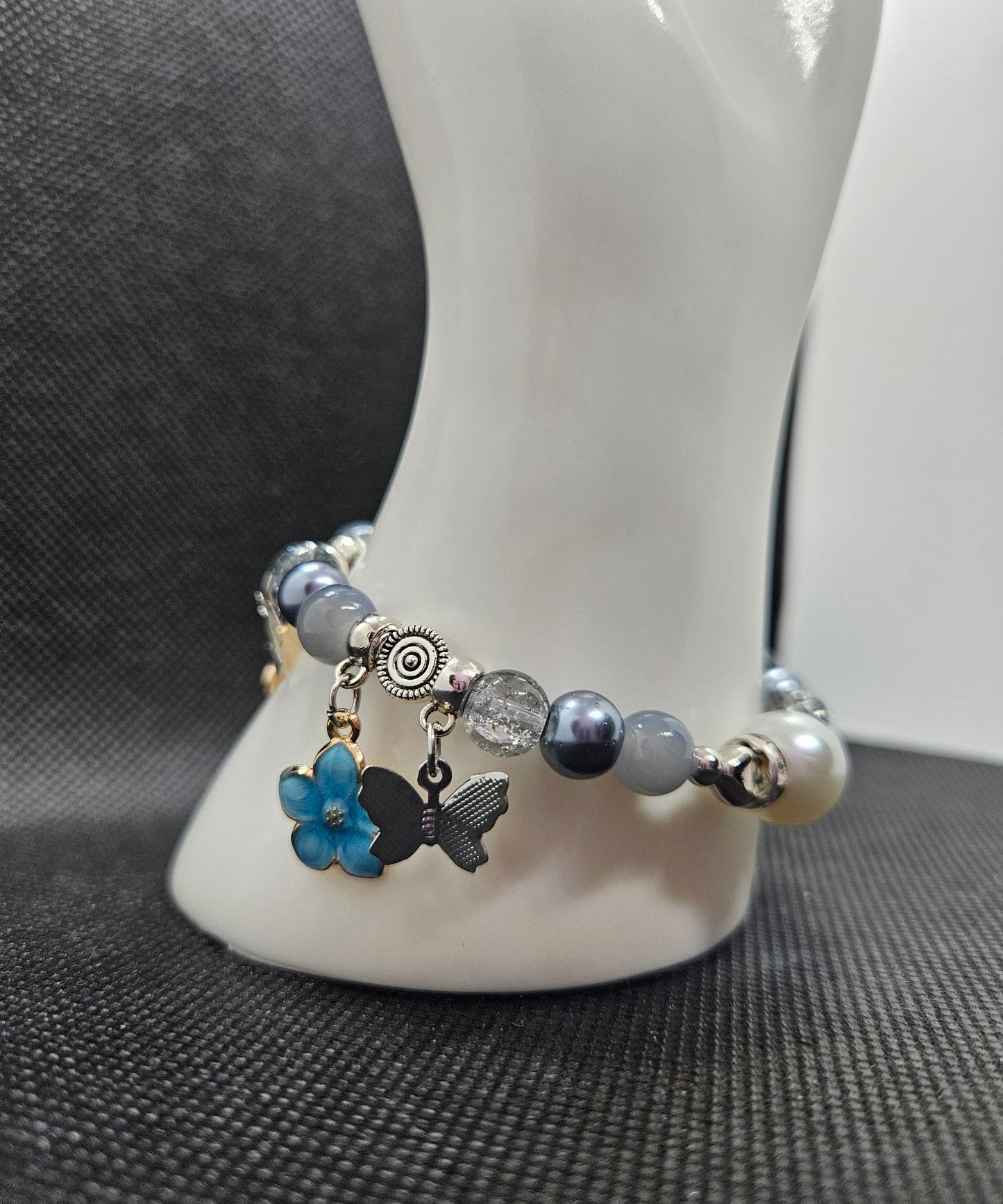 Handmade Gray Beaded Bracelet with Blue Flower Charms for Bracelet Lover-Pearl & Crystal Beads, Stretchable, Unique Gift for Women