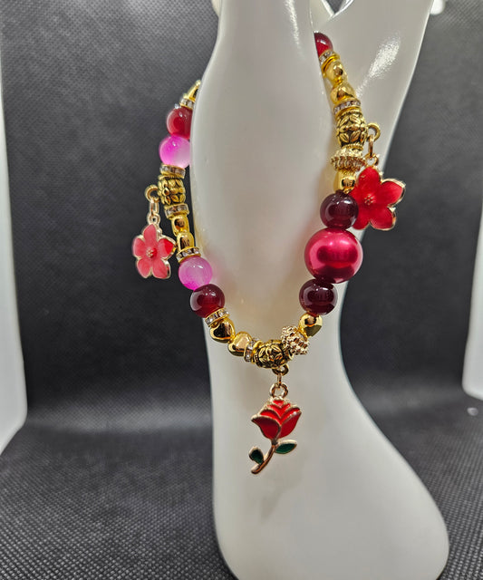 Handcrafted Floral Beaded Bracelet with Gold-Plated Accents – Elegant Red & Pink Charm Jewelry