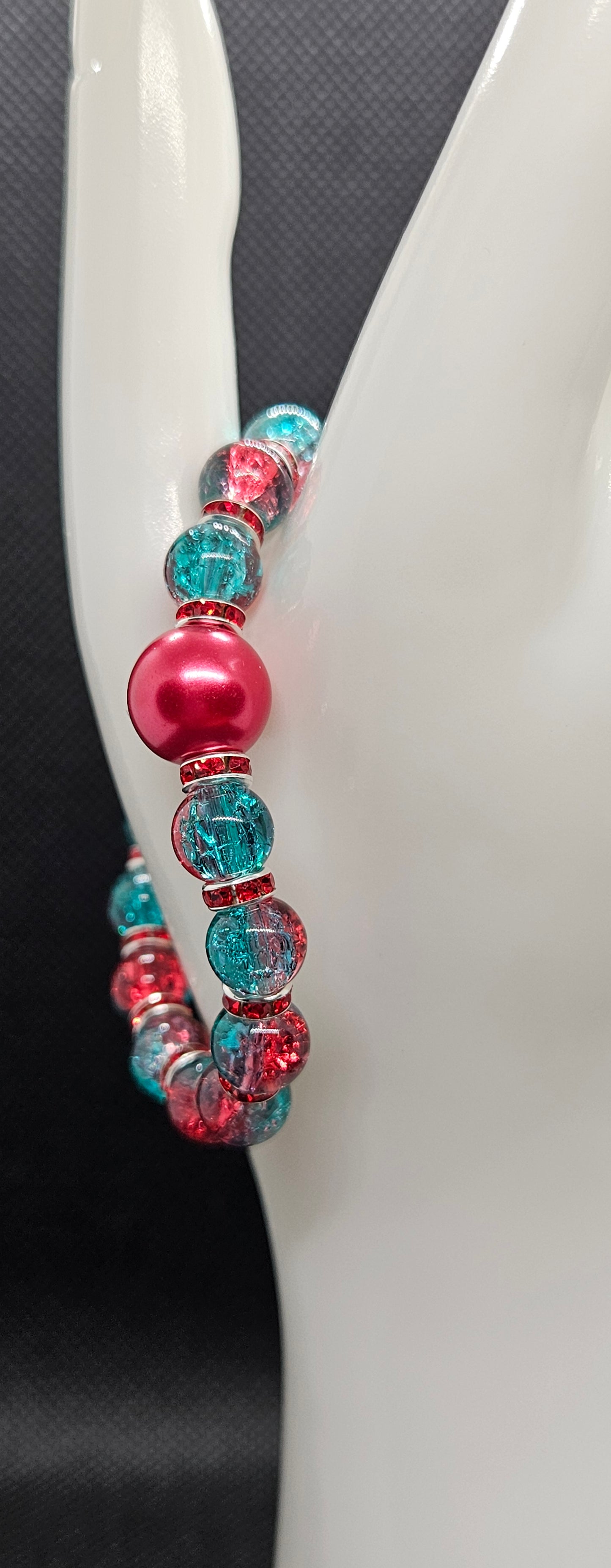 Handmade Red & Blue Glass Bead Bracelet – Unique Crackle Beads, Vibrant Statement Jewelry, Gift for Her