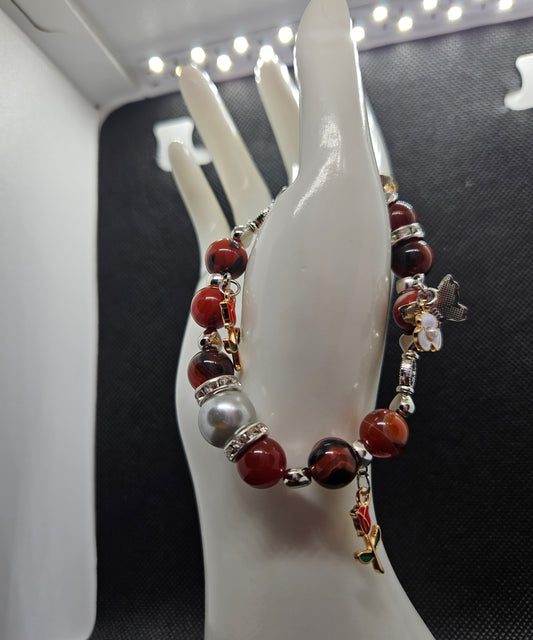 Natural Agate Stone Bracelet – Rose & Butterfly Charm | Elegant Handmade Jewelry for Women