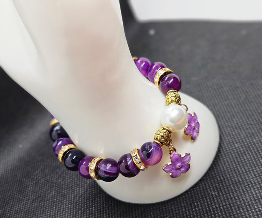 Handcrafted Purple Agate Bead Bracelet with Gold Accents and Floral Charms – Unique Elegant Jewelry