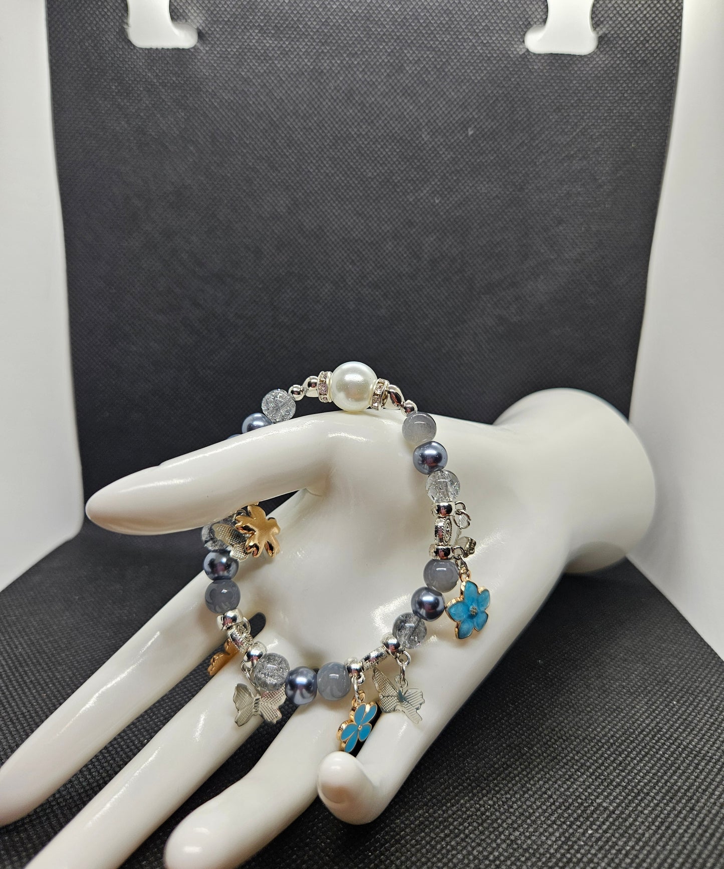 Handmade Gray Beaded Bracelet with Blue Flower Charms for Bracelet Lover-Pearl & Crystal Beads, Stretchable, Unique Gift for Women