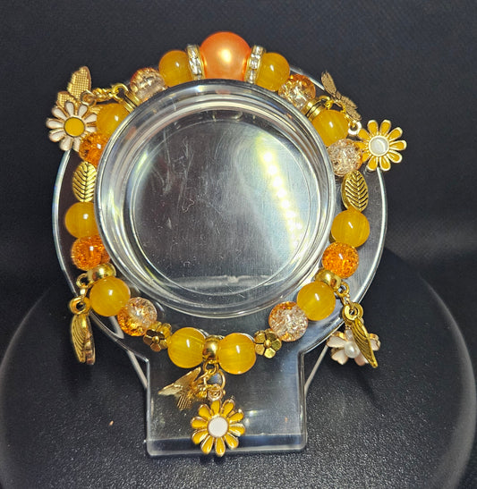 Orange and Yellow Beaded Charm Bracelet – Sunflower Gold Accents, Handmade Boho Jewelry, Positive Energy Gift for Women, Summer Fashion