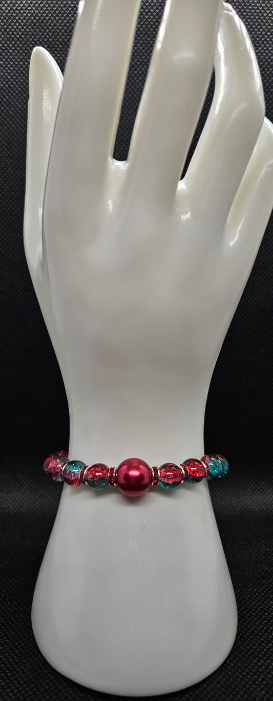 Handmade Red & Blue Glass Bead Bracelet – Unique Crackle Beads, Vibrant Statement Jewelry, Gift for Her