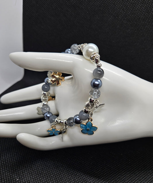 Handmade Gray Beaded Bracelet with Blue Flower Charms for Bracelet Lover-Pearl & Crystal Beads, Stretchable, Unique Gift for Women