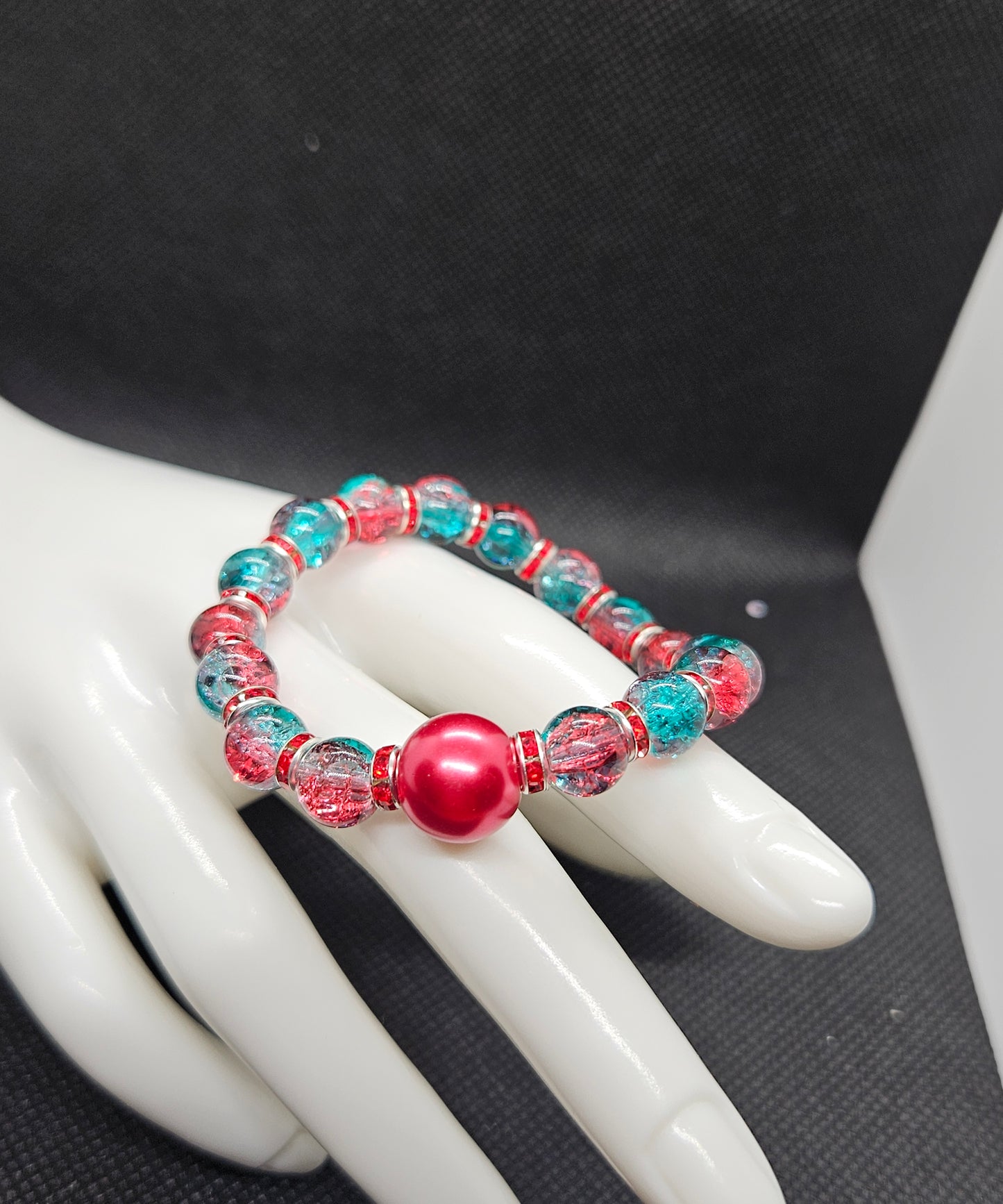 Handmade Red & Blue Glass Bead Bracelet – Unique Crackle Beads, Vibrant Statement Jewelry, Gift for Her
