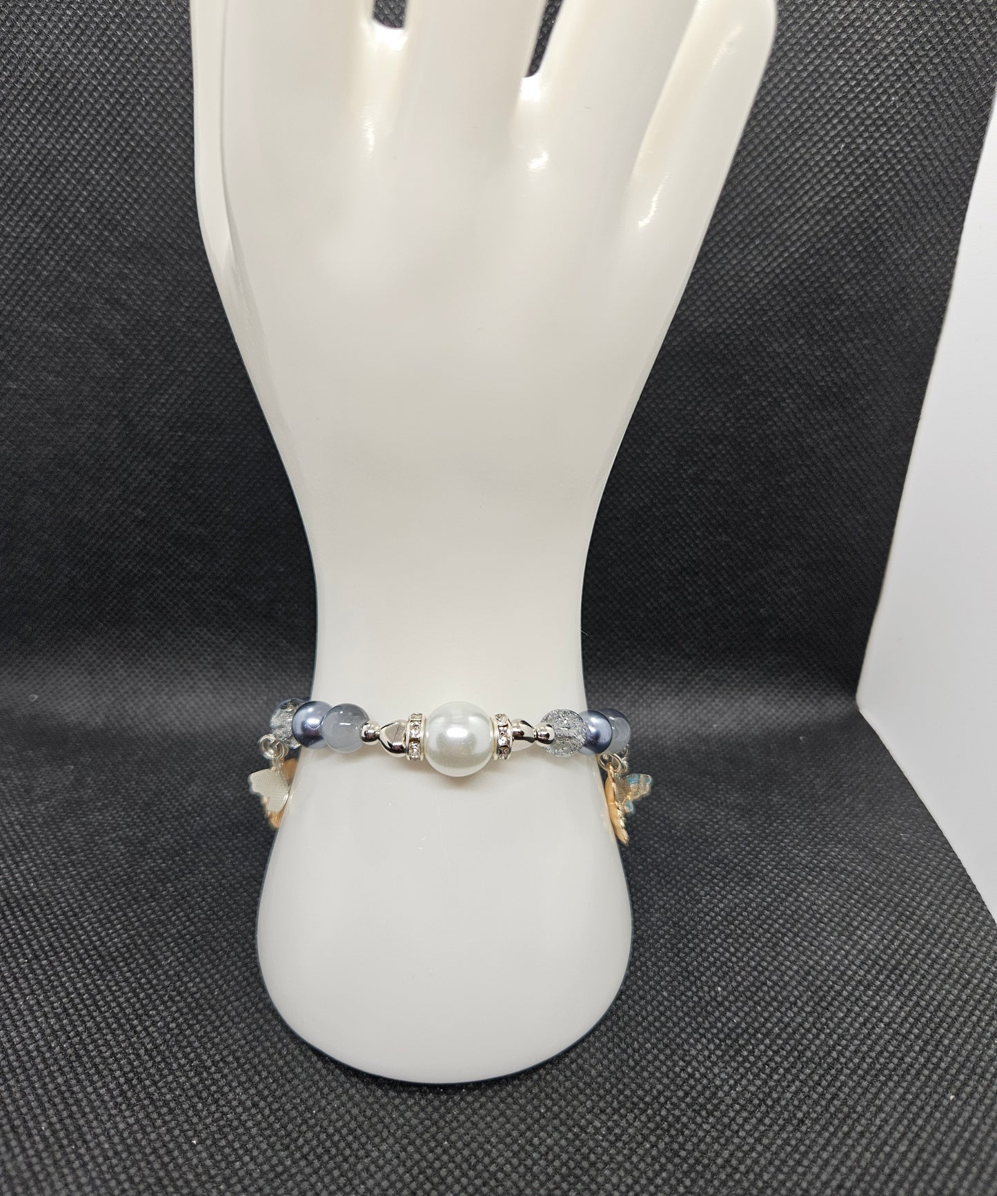 Handmade Gray Beaded Bracelet with Blue Flower Charms for Bracelet Lover-Pearl & Crystal Beads, Stretchable, Unique Gift for Women