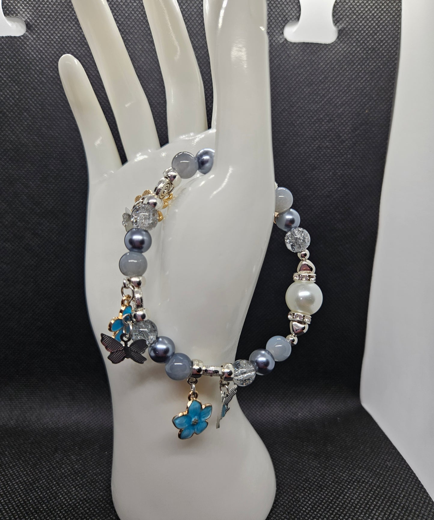 Handmade Gray Beaded Bracelet with Blue Flower Charms for Bracelet Lover-Pearl & Crystal Beads, Stretchable, Unique Gift for Women