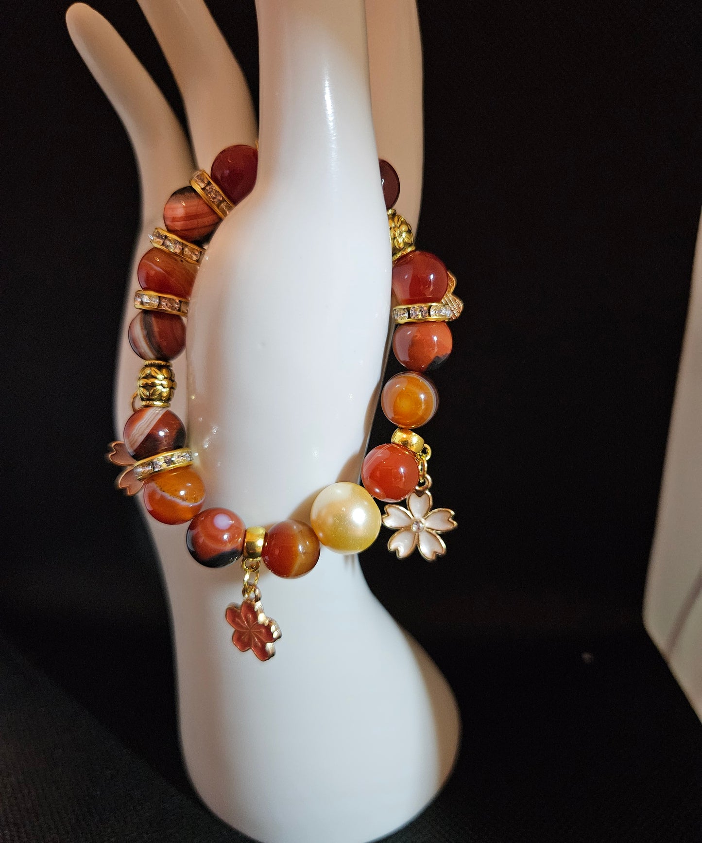 Handmade Agate Beaded Bracelet with Floral Charms