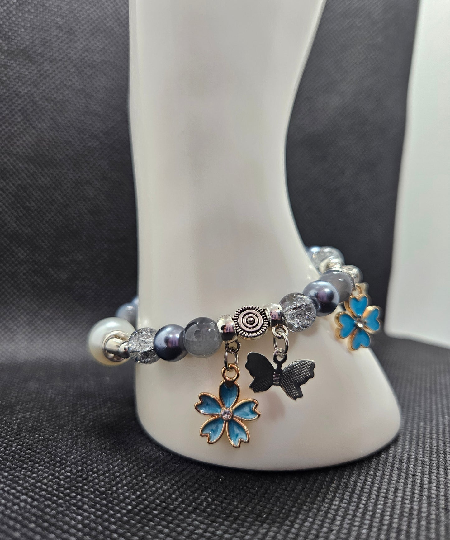 Handmade Gray Beaded Bracelet with Blue Flower Charms for Bracelet Lover-Pearl & Crystal Beads, Stretchable, Unique Gift for Women