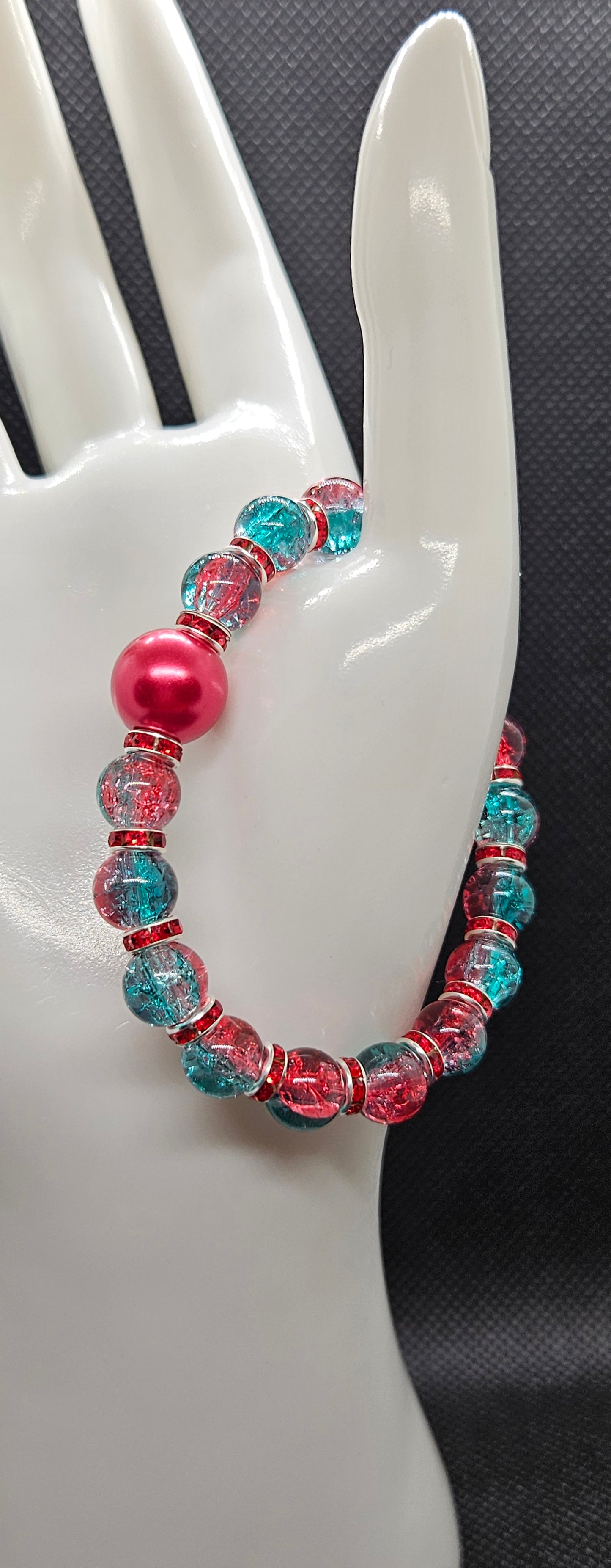 Handmade Red & Blue Glass Bead Bracelet – Unique Crackle Beads, Vibrant Statement Jewelry, Gift for Her