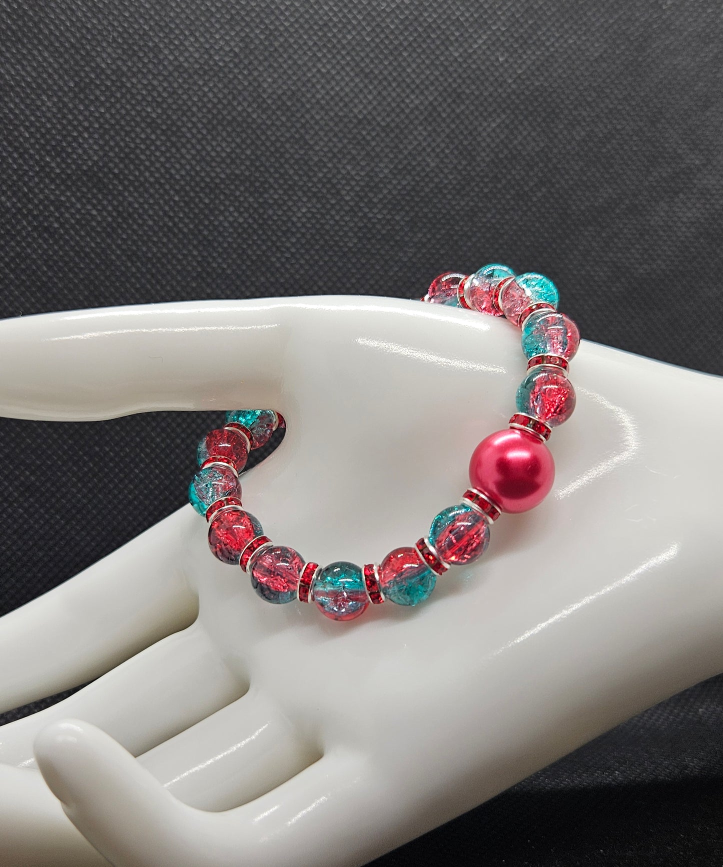 Handmade Red & Blue Glass Bead Bracelet – Unique Crackle Beads, Vibrant Statement Jewelry, Gift for Her