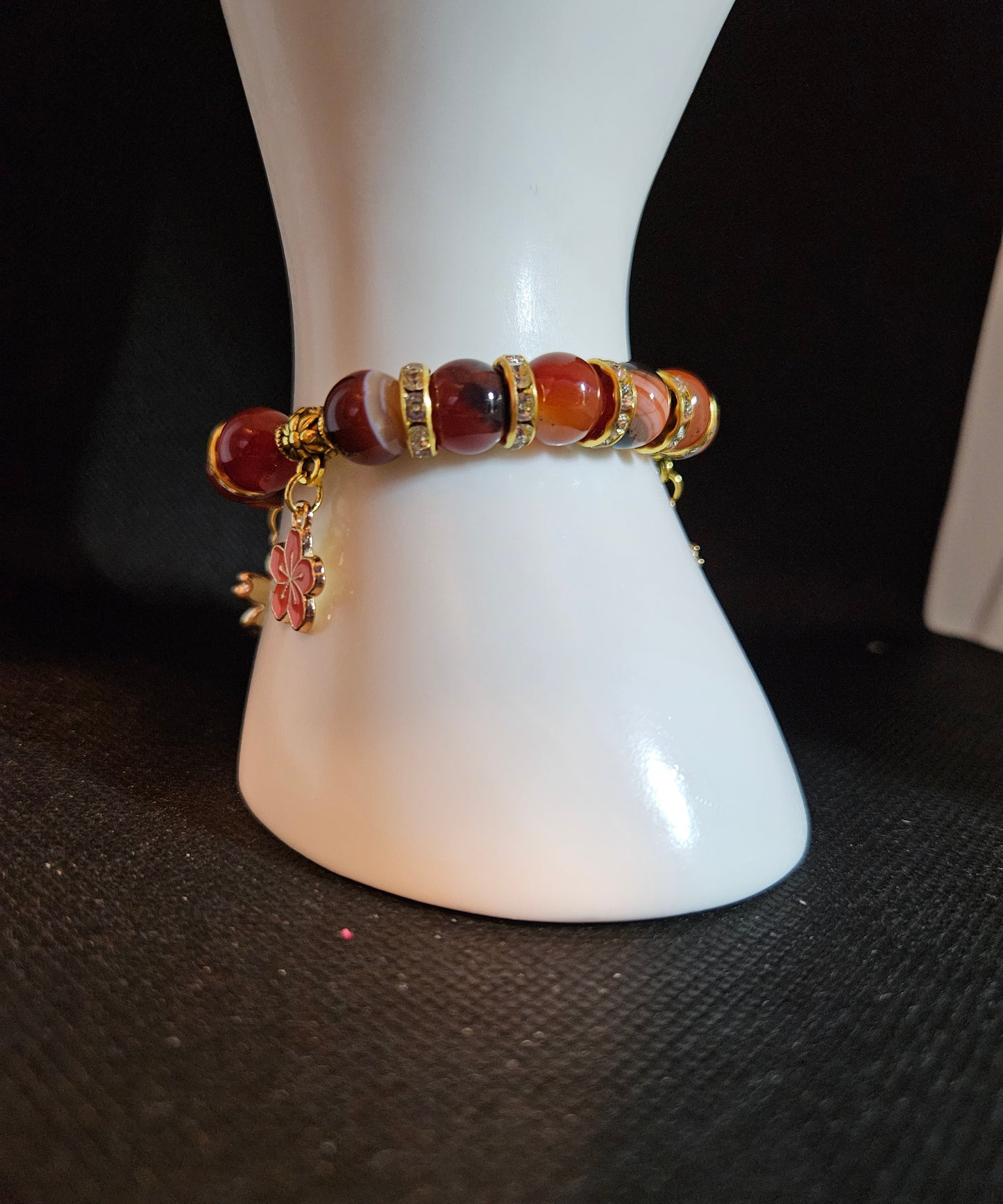 Handmade Agate Beaded Bracelet with Floral Charms