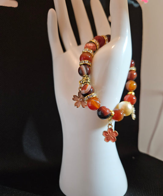 Handmade Agate Beaded Bracelet with Floral Charms